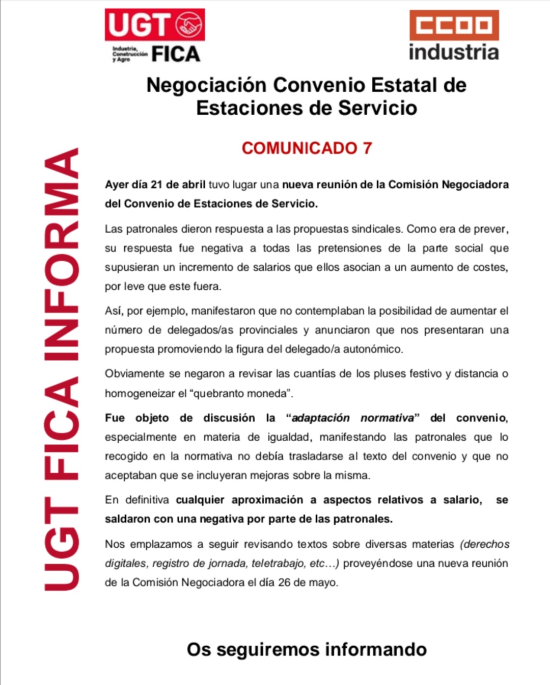 Comunicado nº 7  - 21 de abril 2022 - Reunión de la Mesa Negociadora Convenio Estatal de EES