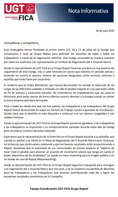 NOTA INFORMATIVA EQUIPO COORDINACIÓN UGT REPSOL / HUELGA